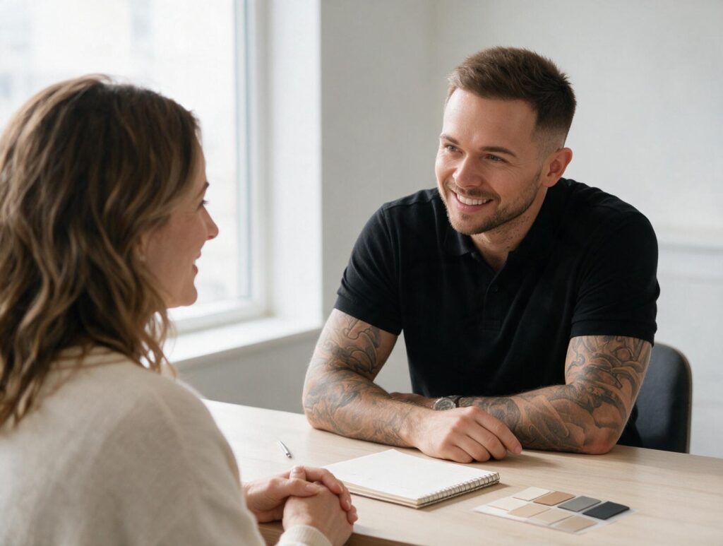 A smiling tattooed man in a black polo talks with a woman at a light wooden table with a notebook and colour swatches.
