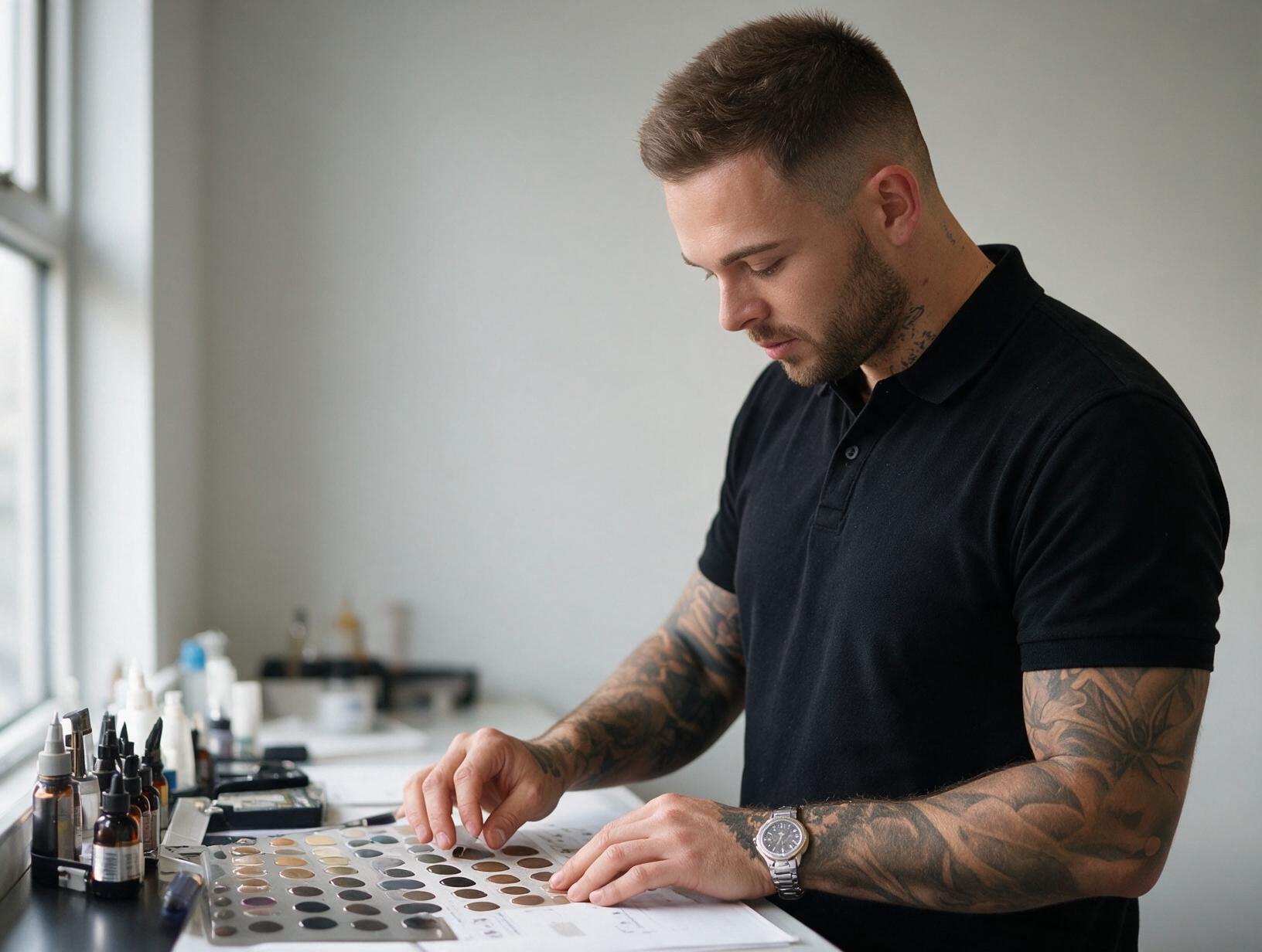 Tattooed man in a black polo with short hair and a beard looks down at a sheet of color swatches beside small ink bottles