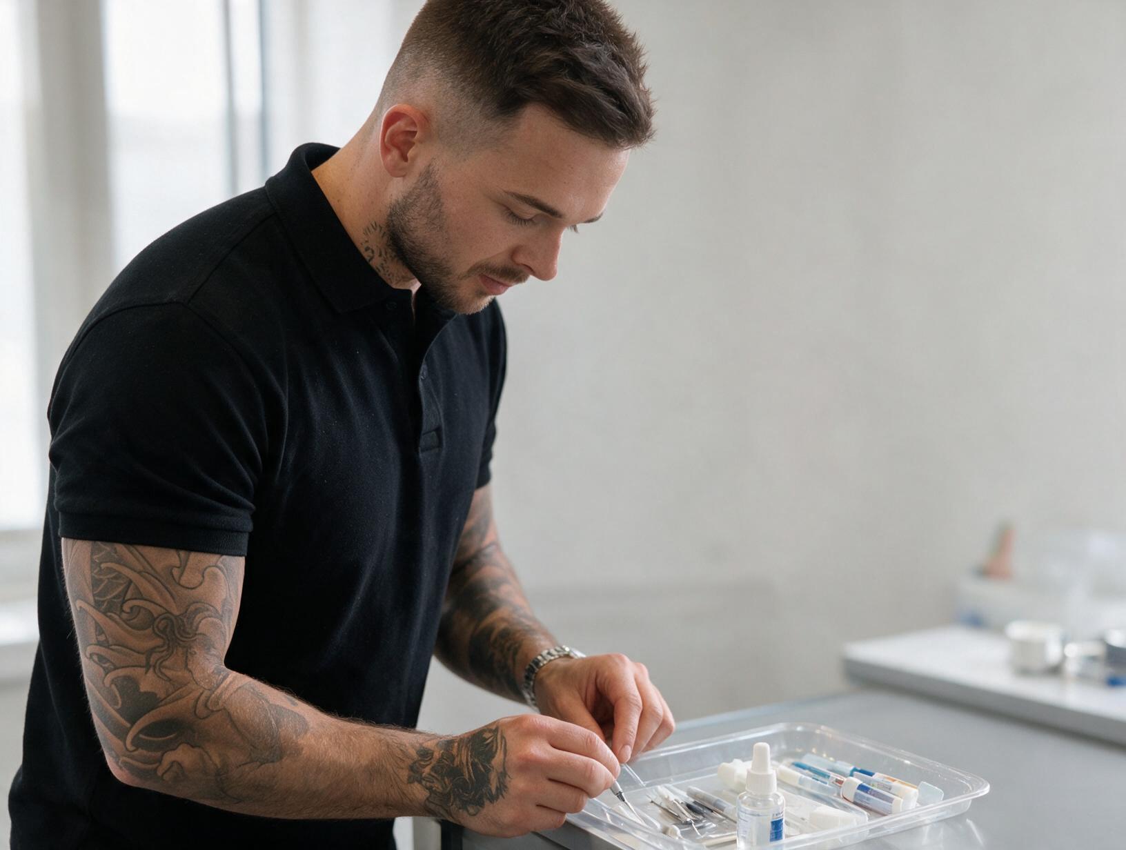 Tattooed man in a black polo shirt looks down as he arranges small bottles and tools in a clear tray on a workstation in a