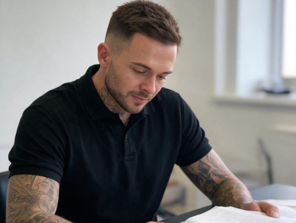 Tattooed man in a black polo shirt looks down at papers on a desk in a bright room with a window behind him.