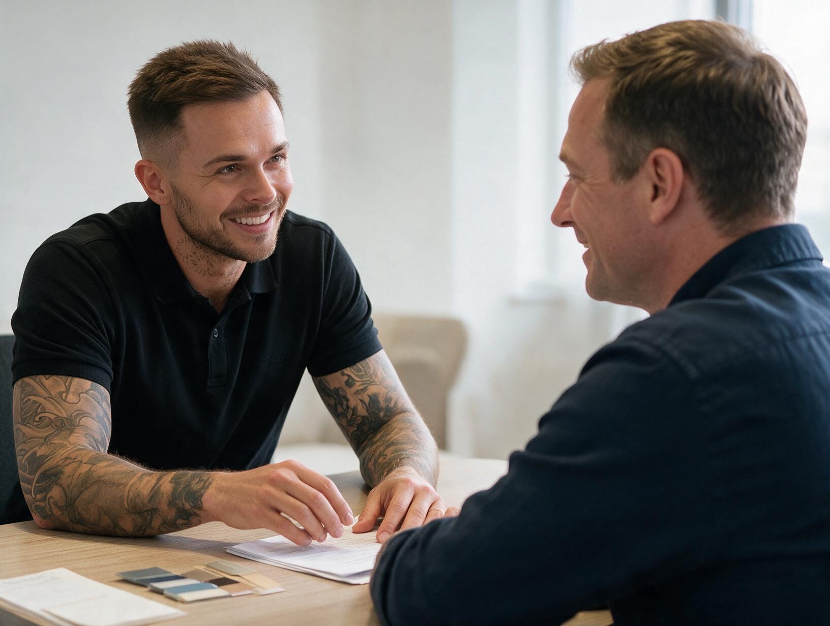Smiling tattooed man in a black polo talks with a seated client across a table holding papers and colour swatches.