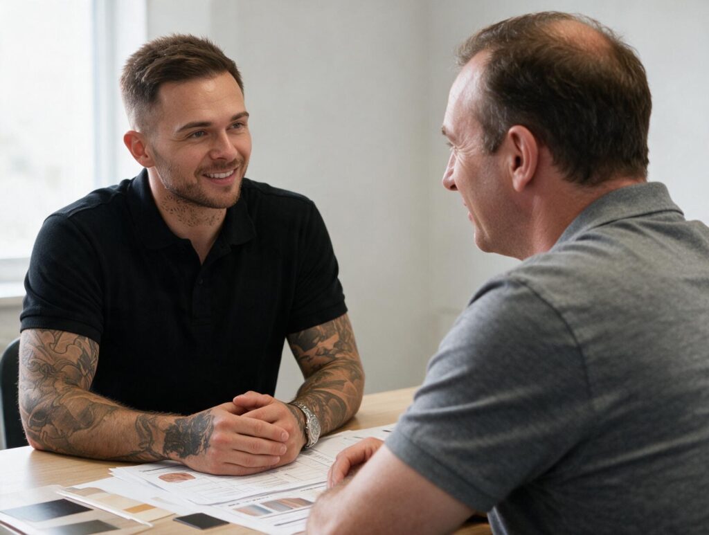 A smiling tattooed man in a black polo talks with a thinning-haired client across a table of papers and colour swatches.