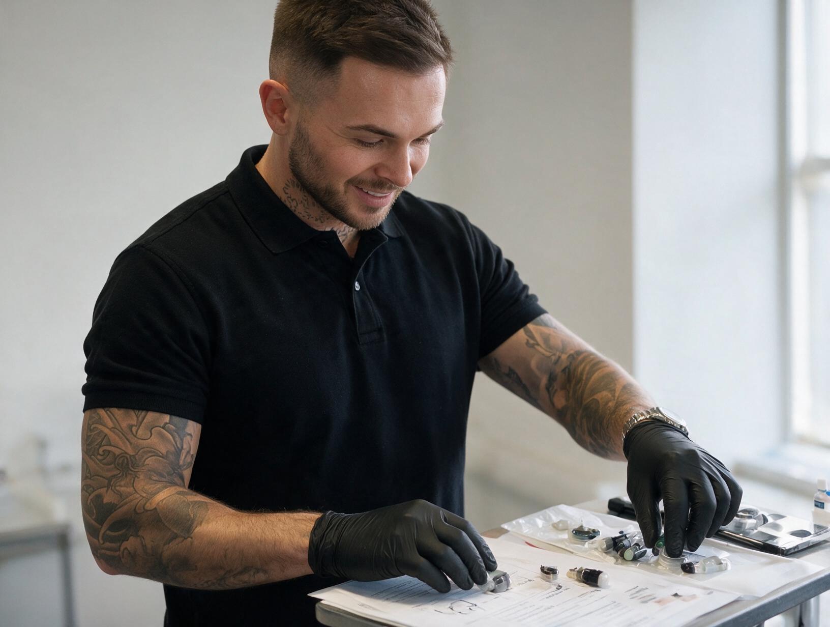 Smiling tattooed man in a black polo and black gloves arranges small pigment caps and cartridges on a tray in a bright