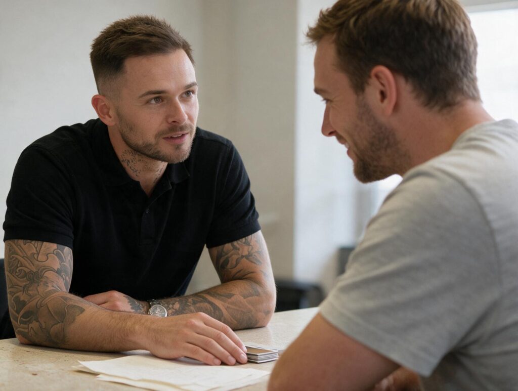 Tattooed man in a black polo leans on a table talking with a bearded man in a grey t-shirt, papers and cards between them.