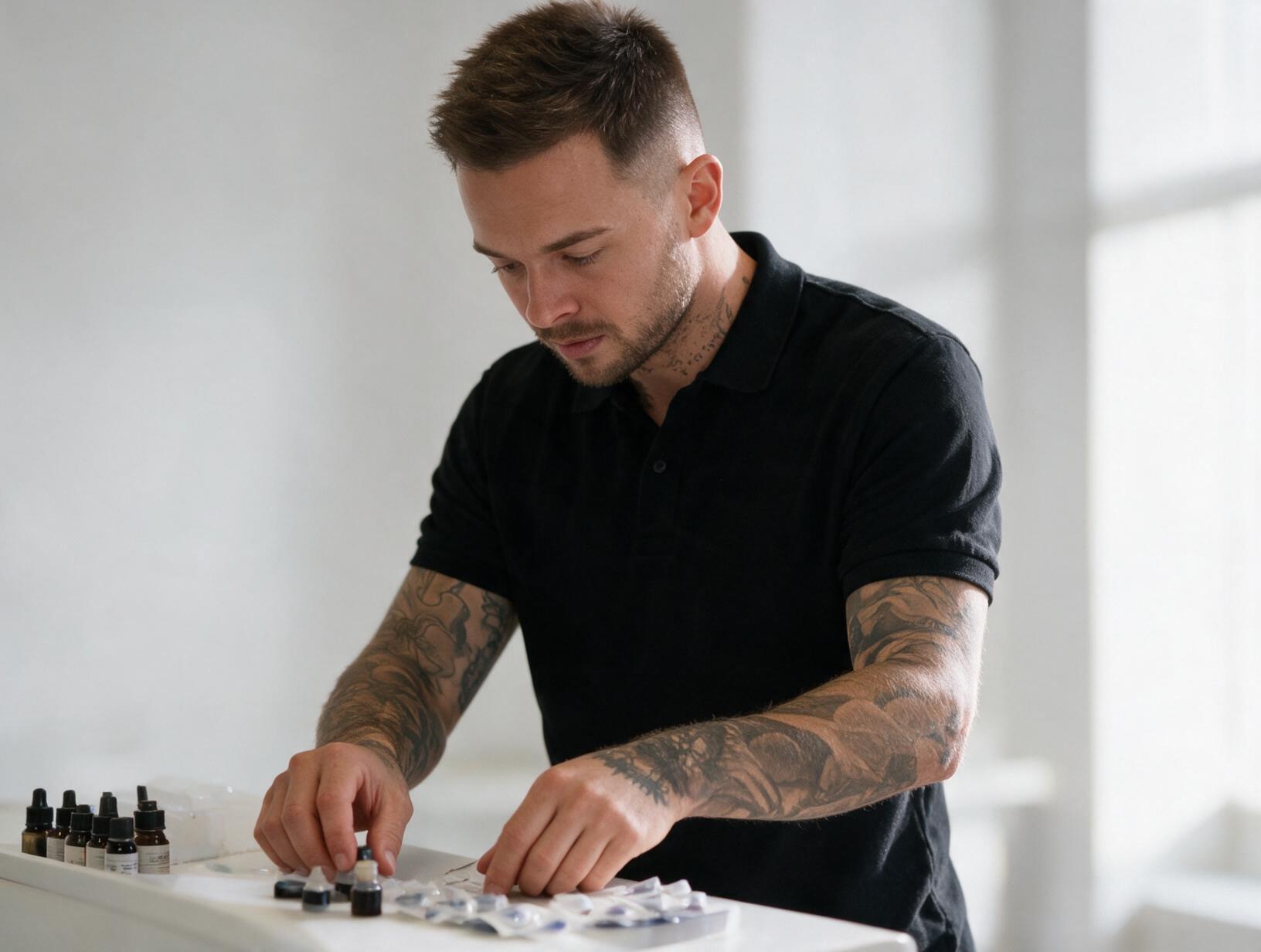 Tattooed man in a black polo looks down while arranging small dropper bottles and sealed packs on a white counter in a