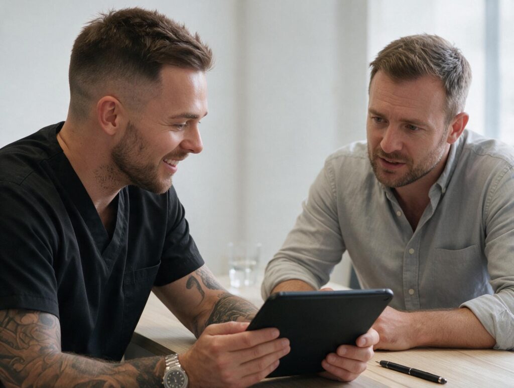 Two men at a table look at a tablet in a bright room; one in black scrubs with tattooed arms smiles
