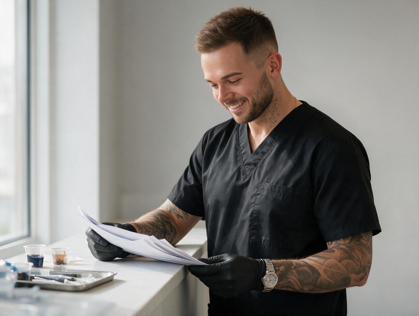 Smiling tattooed man in black scrubs and gloves reads papers beside a window counter holding pigment cups and a tray of