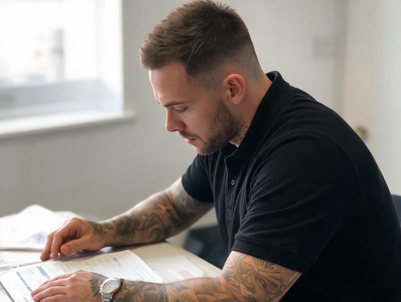 Man with short fade haircut, beard and tattooed forearms, in a black polo, looks down at papers on a desk by a window.
